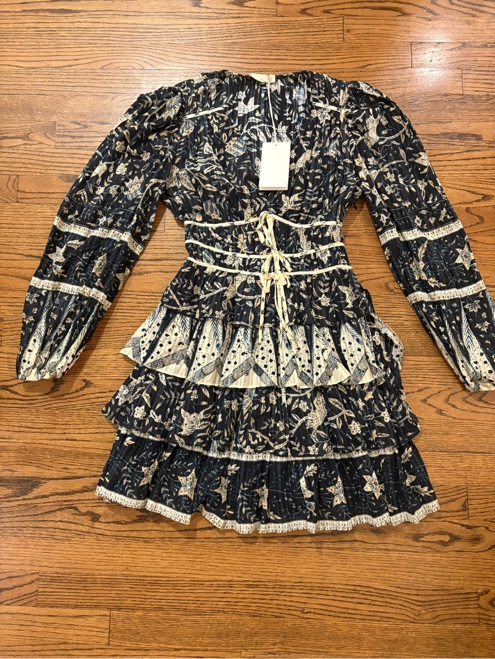 Ulla Johnson Navy and Cream Floral Tiered Long-Sleeve Dress
